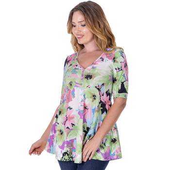 24seven Comfort Apparel Womens Pastel Color Floral Elbow Sleeve V Neck Henley Tunic Top
