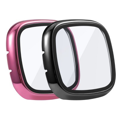 Insten 2-Pack Case For Fitbit Versa 3 and Fitbit Sense, Built in Tempered Glass Screen Protector Plating Hard Cover (Black + Pink)