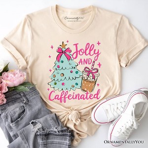 Jolly and Caffeinated Christmas Tree T-Shirt, Retro Coquette Coffee Holiday Tee | OrnamentallyYou - 1 of 4