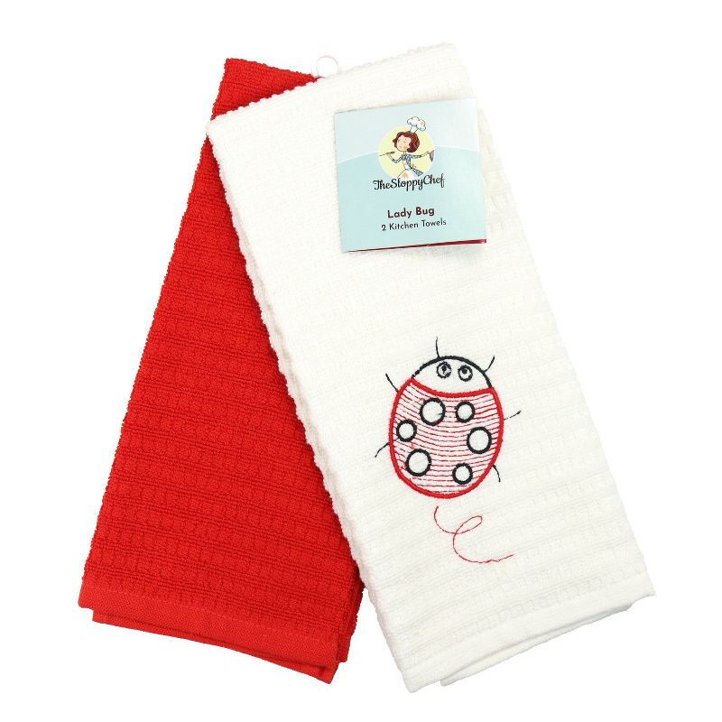 Sloppy Chef Lucky Embroidered Kitchen Towel (2-Piece Set), 16x26, 100% Cotton, Lady Bug Design, 2 of 9