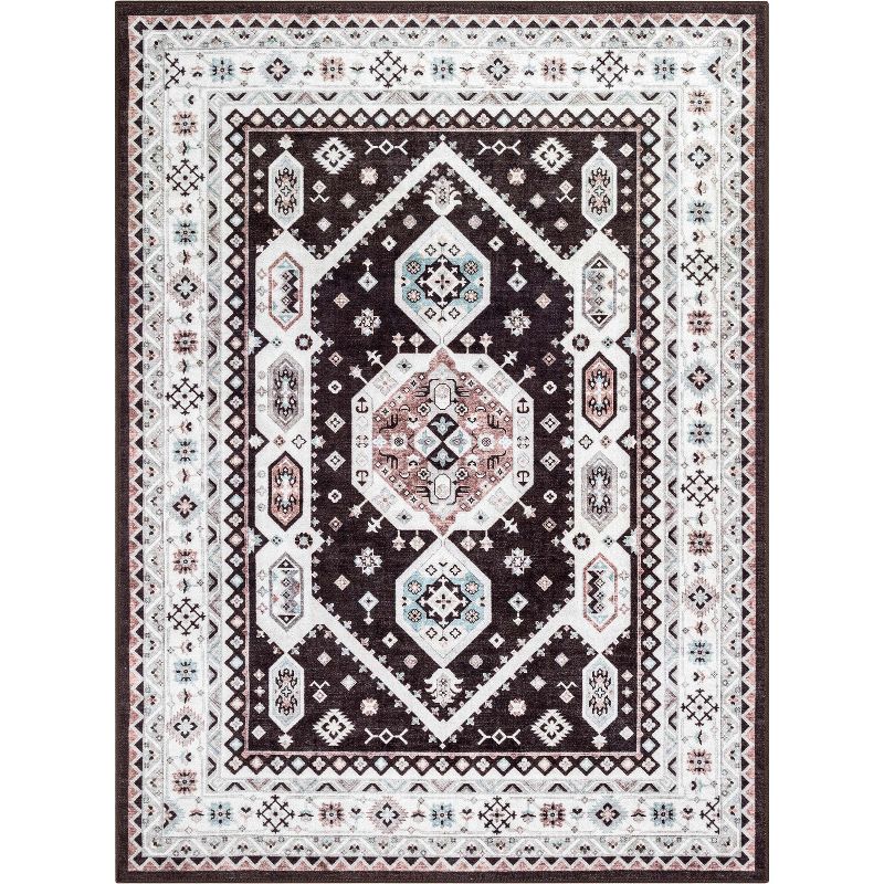 Well Woven Kings Court Kama Black - Non-Slip Rubber Backed Oriental Medallion Rug - Hallway, Entryway & Kitchen - Machine-Washable, Low Looped Pile, 1 of 10