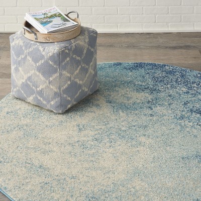 Navy and Light Blue Round Geometric Synthetic Rug