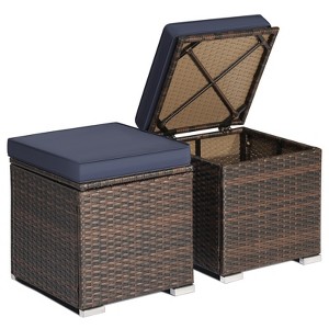 Tangkula 2 Pieces Patio Ottoman Multipurpose Outdoor Wicker Footstool Storage Box Side Table w Solid Metal Frame w Removable Cushions Navy