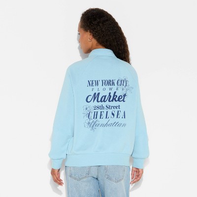 Women's NYC Button-Front Graphic Pullover Sweatshirt - Light Blue - image 3