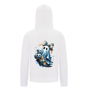 Everyday Kids Coquette Ghost Halloween Zip-Up Hoodie – Cute Ghost with Floral Bow & Pumpkin Lantern – Cozy Fall Sweatshirt, White - 1 of 3