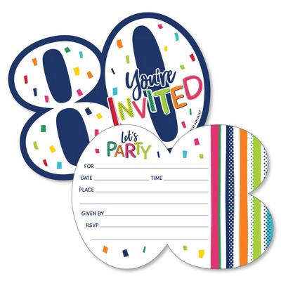 Big Dot of Happiness 80th Birthday - Cheerful Happy Birthday - Shaped Fill-In Invites - Eightieth Birthday Invitation Cards with Envelopes - Set of 12