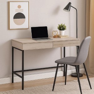 Royal Hampton Wooden Desk with 2 Drawers and Metal Frame, Washed White and Black - 1 of 4