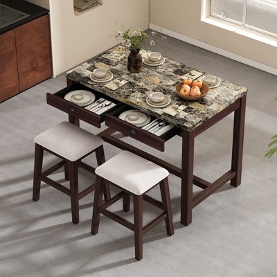 CAVINAS Dining Table Set Modern Faux Marble Bar Table Set with Storage Drawers and Padded Stools for Kitchen