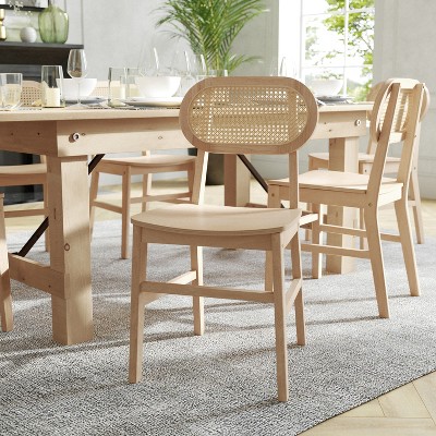 Natural Cane Rattan and Wood Dining Side Chairs, Set of 2