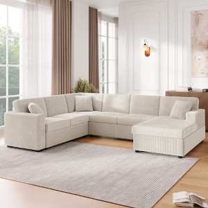 115.3" Oversized U-Shaped Sectional Sofa with Chaise Lounge, Corduroy Upholstery & 3 Throw Pillows, Spacious Living Room Couch, Removable Cushions - 1 of 4