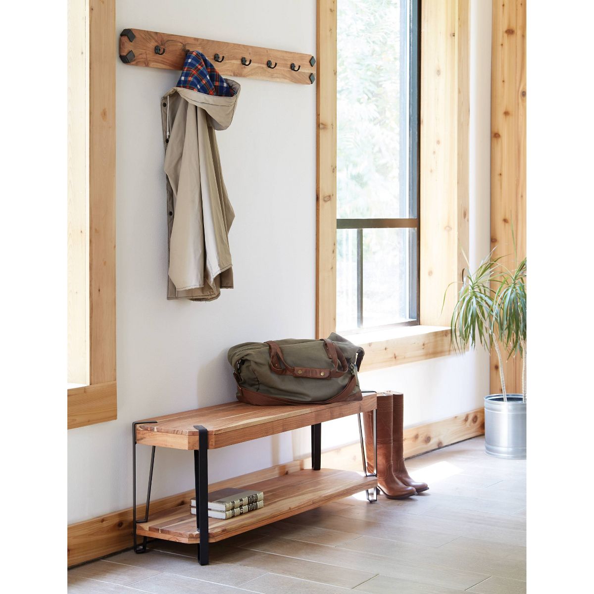 48" Ryegate Live Edge Wood Bench with Coat Hooks Set  - Alaterre Furniture: Industrial Metal Frame, 2-Piece Entryway