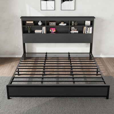 COZONY Bed Frame with Bookcase Headboard and Charging Station, 2-Tier Storage Platform Bed with Easy Assembly