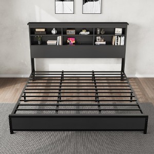 COZONY Bed Frame with Bookcase Headboard and Charging Station, 2-Tier Storage Platform Bed with Easy Assembly - 1 of 4