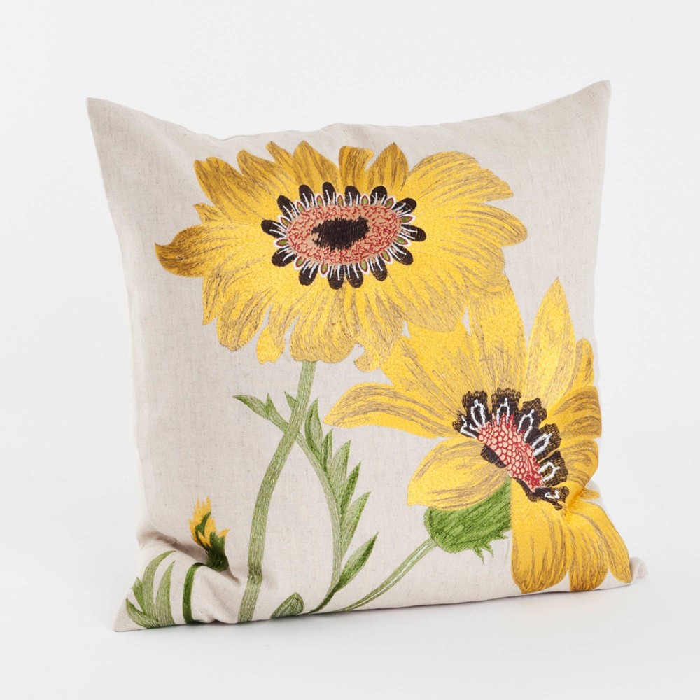 Photos - Pillow 18"x18" Embroidered Flower Square Throw  Yellow - Saro Lifestyle