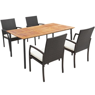 Tangkula 5PCS Wicker Dining Set Cushion Armchairs Acacia Wood Table Umbrella Hole Patio