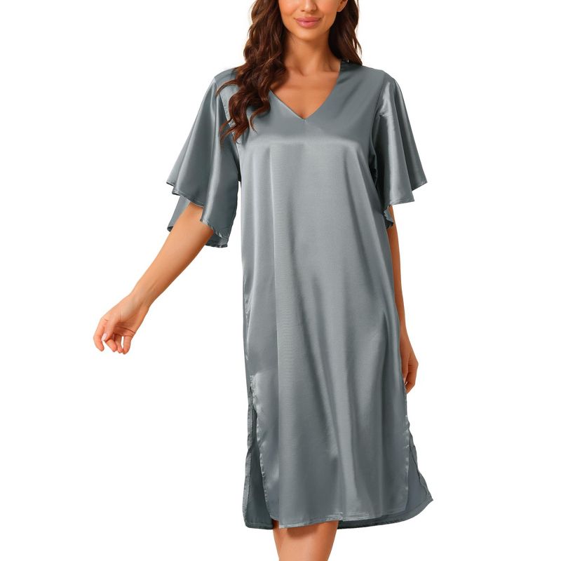 cheibear Women's Satin Nightdress Flare Bell Short Sleeve Sleep Dress Nightgown, 1 of 6
