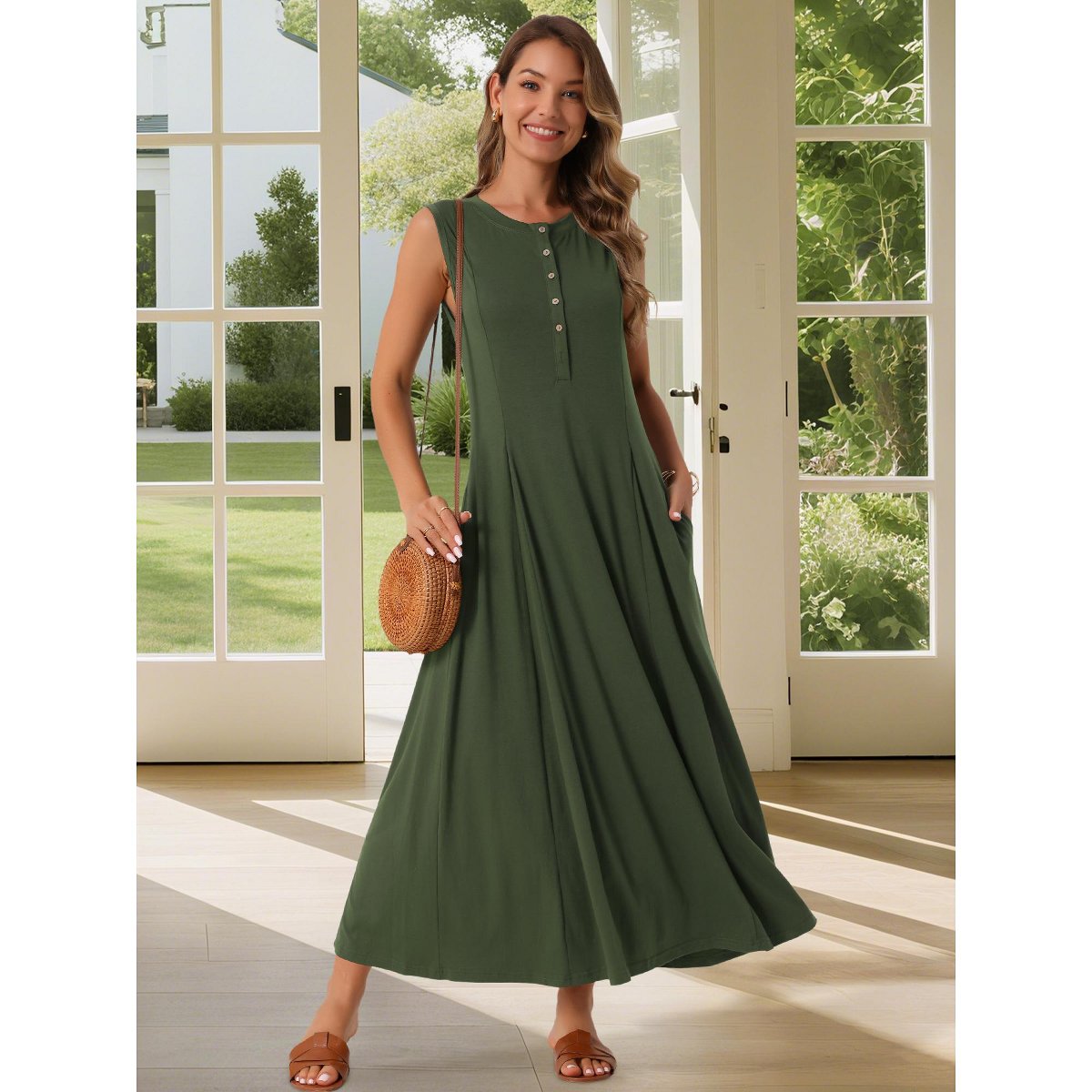 Женские платья INSPIRE CHIC Women's Sleeveless Button Fit Flare A-Line Flowy Casual Long Dress Army Green Small 2 Packs Army Green/Black Medium — фото 4