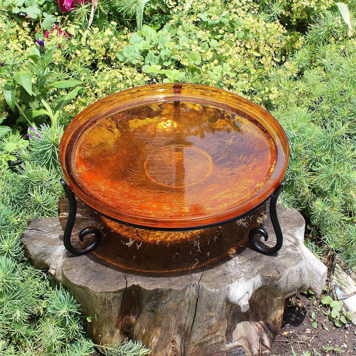 6" Reflective Crackle Glass Birdbath Bowl with Short Stand II Mandarin Orange - Achla Designs: Weather-Resistant, Freestanding - thumbnail 3