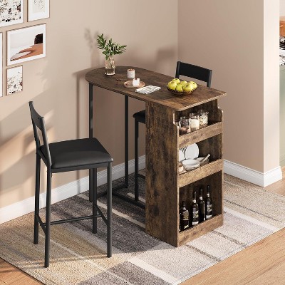 Jojoka Bar Table and Chairs Set for 2, Semi-Circular Retro Palette Tabletop with 3 Tier Storage Shelves,Brown