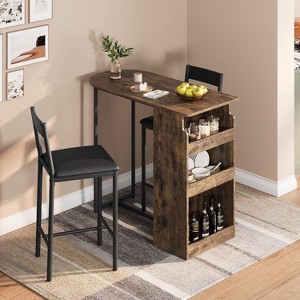 Jojoka Bar Table and Chairs Set for 2, Semi-Circular Retro Palette Tabletop with 3 Tier Storage Shelves,Brown - 1 of 4