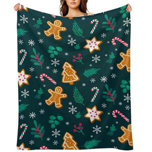 FIONECA Gingerbread Themed Christmas Blanket with Candy Cane Snowflake and Greenery Pattern Dark Green Background 50x60 inches - 1 of 1