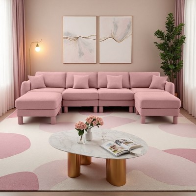 Boucle U-Shaped 4-Seater Sectional Sofa with Shell Armrests & 2 Ottomans