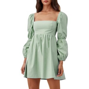 EXLURA Womens Square Neck Dress Long Puff Sleeve A-Line Casual Short Mini Dresses - 1 of 4