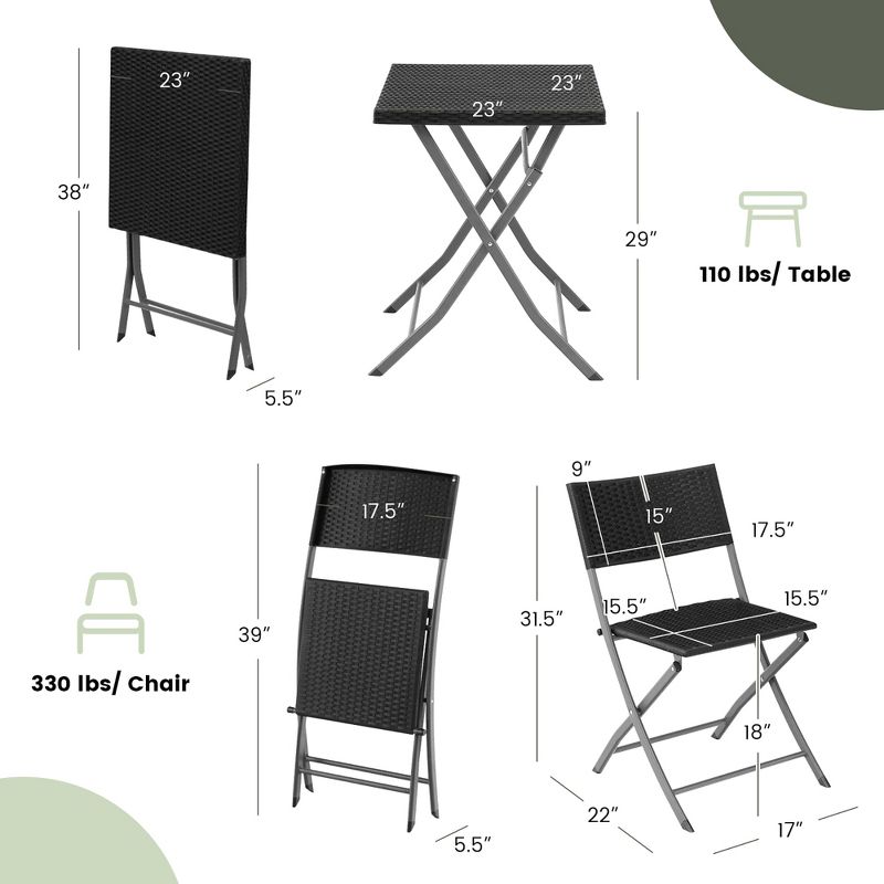 Costway 3PCS Patio Folding Rattan Bistro Set Chairs Backrest Table Garden Deck, 4 of 11
