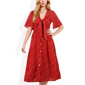 Anna-Kaci Women's Polka Dot Midi Dress with Front Tie Detail Short Sleeves and Button Front Design for a Flattering Fit - 1 of 4