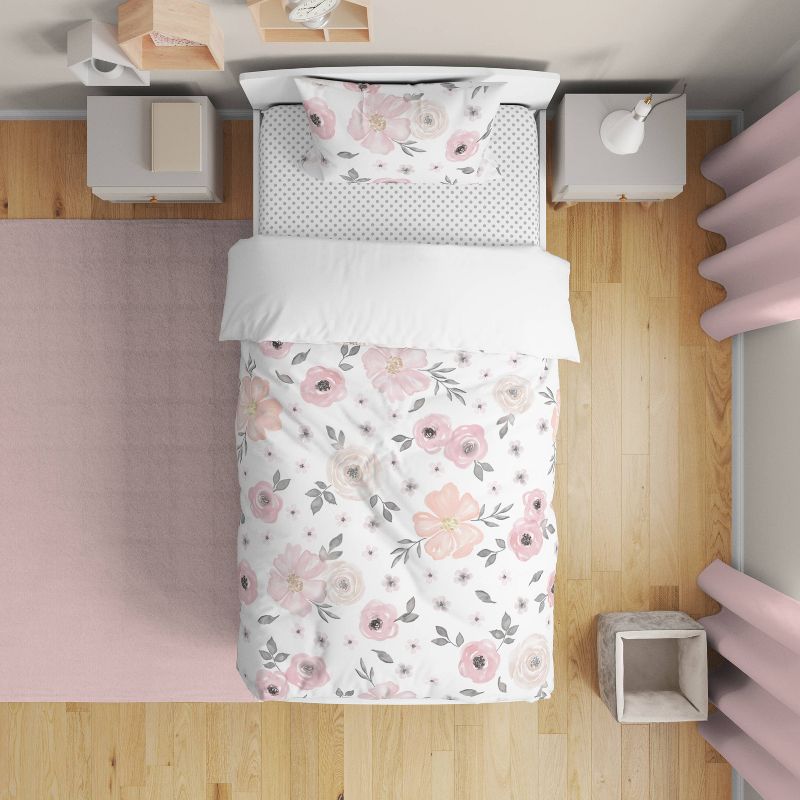 5pc Watercolor Floral Toddler Kids&#39; Bedding Set Pink and Gray - Sweet Jojo Designs, 3 of 8