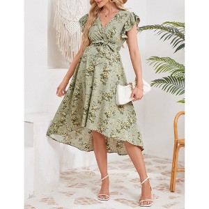 Women's Maternity Dress Wrap V Neck Ruffle Sleeveless Dress Casual Flowy Nursing Midi Dress with Belted for Babyshower Photoshop - 1 of 4