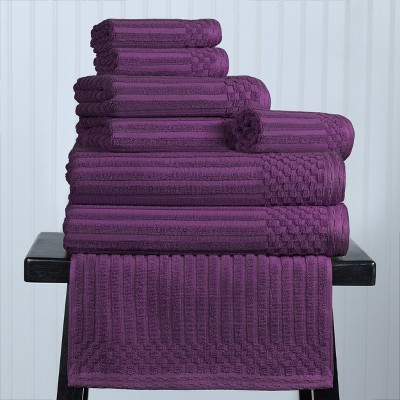 Plum Cotton Ribbed Checkered Border 8-Piece Towel Set