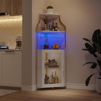 Homfan 5-Tier Corner Bar Cabinet with Lights, Adjustable Shelves & Glass Doors - Home Liquor Wine Display