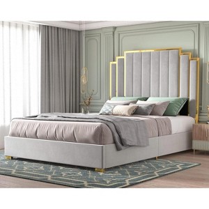 AMERLIFE Upholstered Bed, Modern Velvet Bed Frame with 61.4" Tall Gold Trim Headboard - 1 of 4
