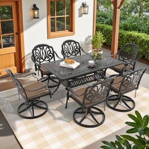 7-Piece Rectangle Cast Aluminum Outdoor Patio Dining Set with Swivel Chairs & Brown Cushions & Umbrella Hole - 1 of 4