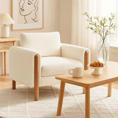 Homy Casa Mid Century Bouclé Upholstered Accent Chair with Solid Wood Legs for Living Room or Bedroom, Ivory
