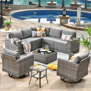 Marlton 9pc Wicker Outdoor Patio Furniture Set Conversation Sofa Sectional with Swivel Chairs and Cushions - 1 of 4