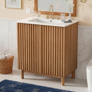 Merax Natural Wood Fluted Bathroom Vanity with Ceramic Sink and U-Shaped Adjustable Shelf - 1 of 4