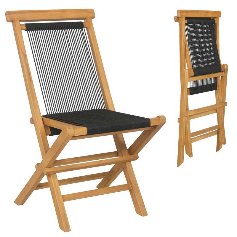Costway 2/4 PCS Patio Folding Chairs with Woven Rope Seat & Back Indonesia Teak Wood for Porch Natural&Black, 1 of 11