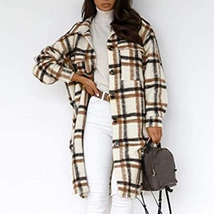 Women's Plaid Lapel Long Sleeve Button Down Shirts Oveisized Jacket Coats With Front Pockets - 1 of 3