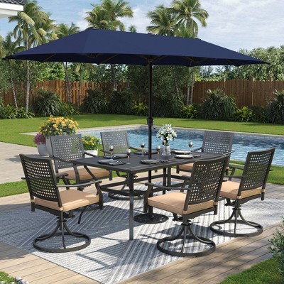 Captiva Designs 8pc Patio Slat-top Dining Steel Table & Stackable Steel Chairs & Market Umbrella