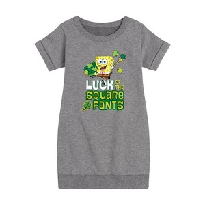 Girls' - SpongeBob Squarepants - Luck Of The Square Pants Graphic Short Sleeve Fleece Dress - 1 of 4