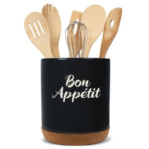 Elanze Designs Bon Appetit Chef Cooking Culinary Arts Ceramic Cork Bottom Black Large Capacity Utensil Holder Crock for Countertop Storage, Stylish & - 1 of 4