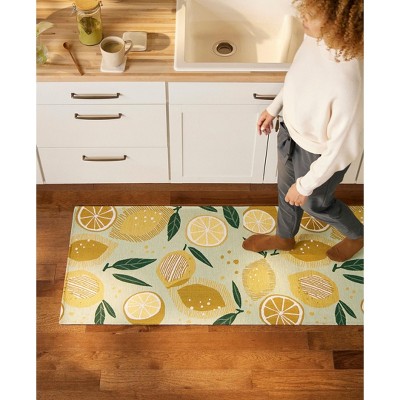 Livie Seafoam Green Lemon Print Washable Kitchen Runner Rug