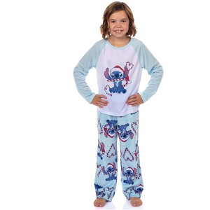 Disney Stitch Christmas Pajamas Kid's Candy Cane 2 Piece PJ Lounge Set (6) Blue - 1 of 4