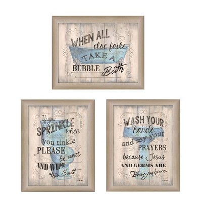 HomeRoots Set Of Three Humorous Brown Framed Print Bathroom Wall Art