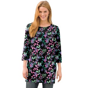 Woman Within Plus Size Perfect Printed Three-Quarter-Sleeve Scoopneck Tunic - 1 of 4