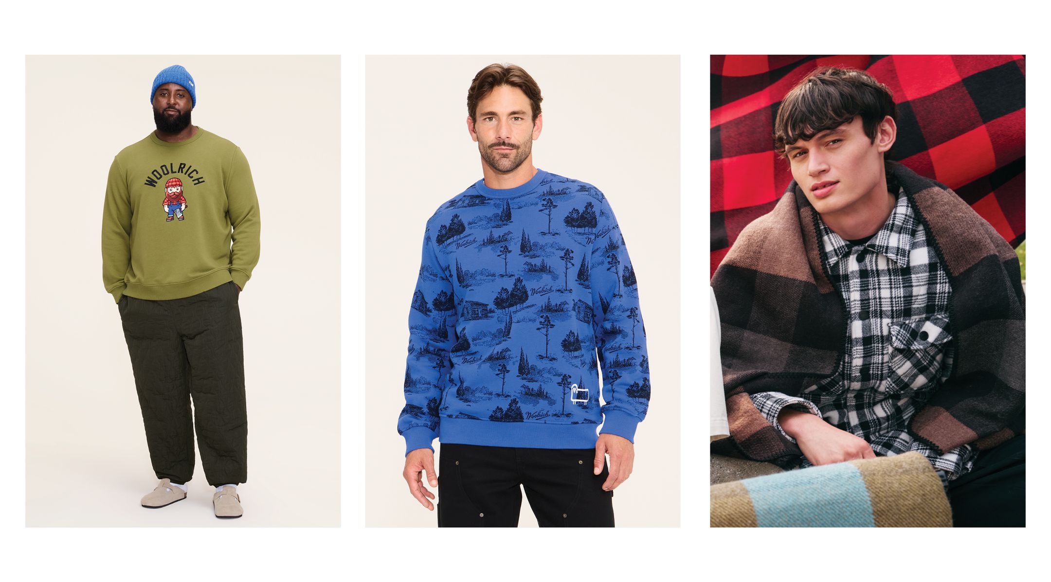 Man wearing olive Woolrich graphic sweatshirt with olive quilted joggers and a blue beanie. Man in blue toile graphic sweatshirt with black cargo pants. Man in black & cream plaid button-up with black workwear pants with 3 buffalo plaid blankets in various color ways. 