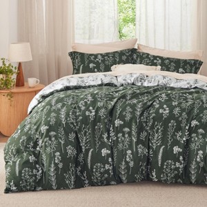 Bedsure | 2/3 Pcs Floral Printed Reversible Sage Green Comforter Set Queen Size Soft Designed Plants Pattern Bedding Set - 1 of 4