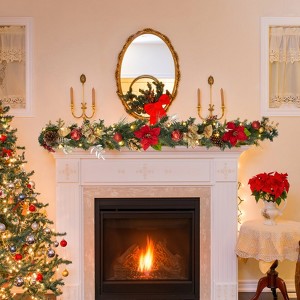 6 Feet Pre-Lit Christmas Garland With 20 Lights Faux Flower Balls Pine Cones Bow Gold Branches for Mantel Table Porch - 1 of 4